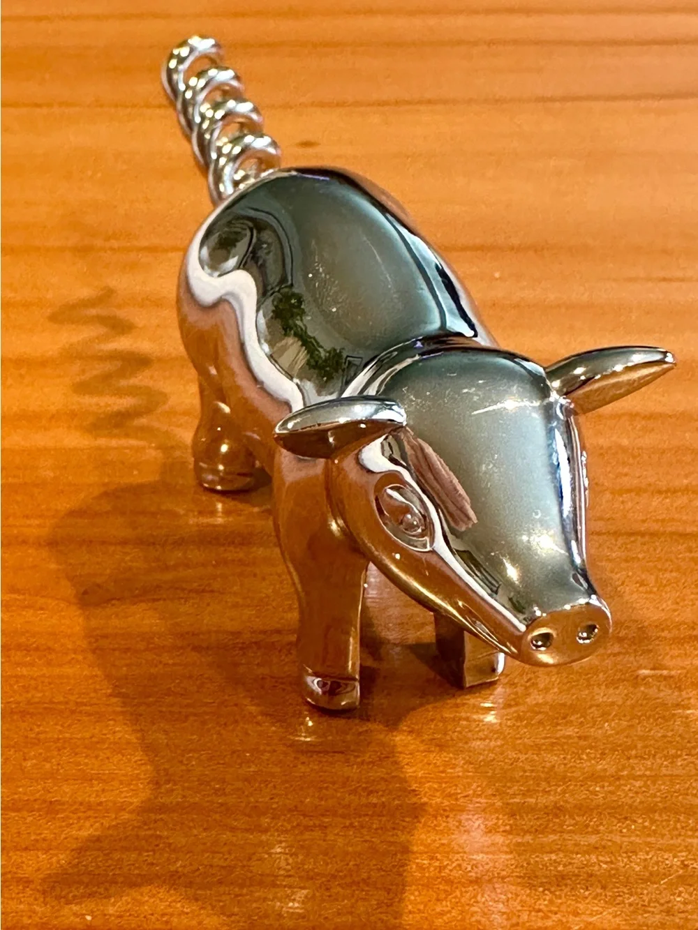 Chrome Silver Metal Figural Pig Wine Bottle Opener Tail Corkscrew Barware - Cute